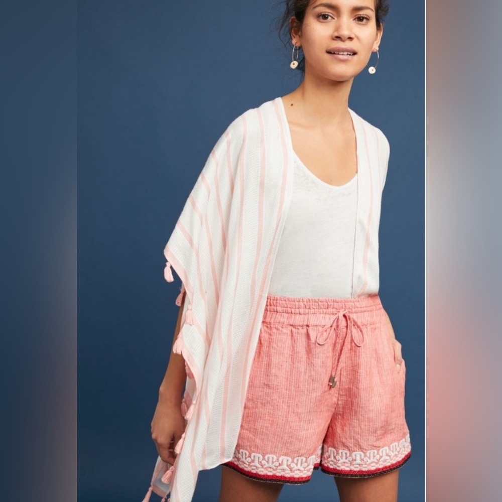 Anthropologie Beachcomber Coral Embroidered Linen Shorts Drawstring Size Small